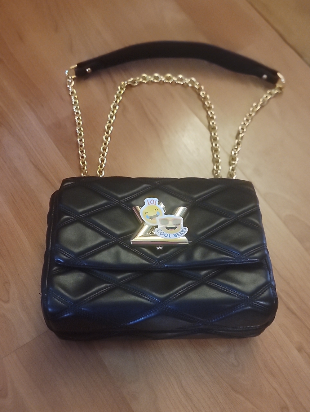 Black Quilted Twist Lock  Chain Shoulder Bag with Gold Hardware